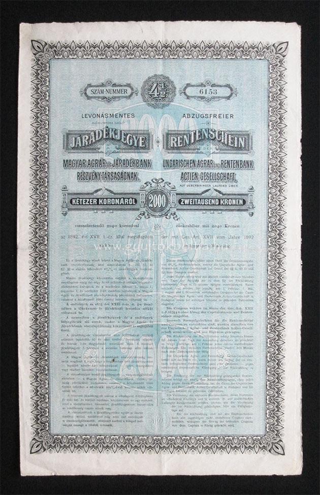 Magyar Agrár- és Járadékbank járadékjegy 2000 korona 1899